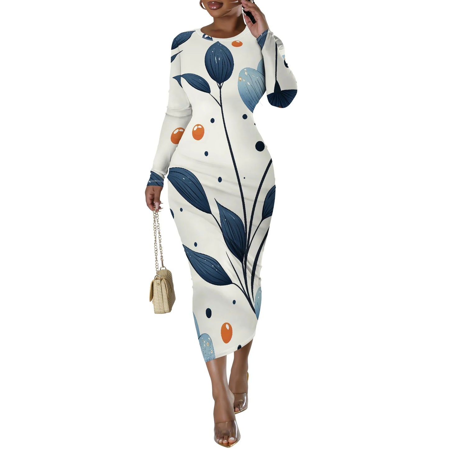 🍒Blommetjiesrokke vir vroue met o-nek, langmou, mode-rekbare somerklere, noupassende bodycon midi slim gemaklik Jy Sal Nie Hierdie Rok Los Nie
