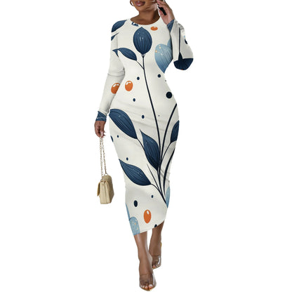 🍒Blommetjiesrokke vir vroue met o-nek, langmou, mode-rekbare somerklere, noupassende bodycon midi slim gemaklik Jy Sal Nie Hierdie Rok Los Nie
