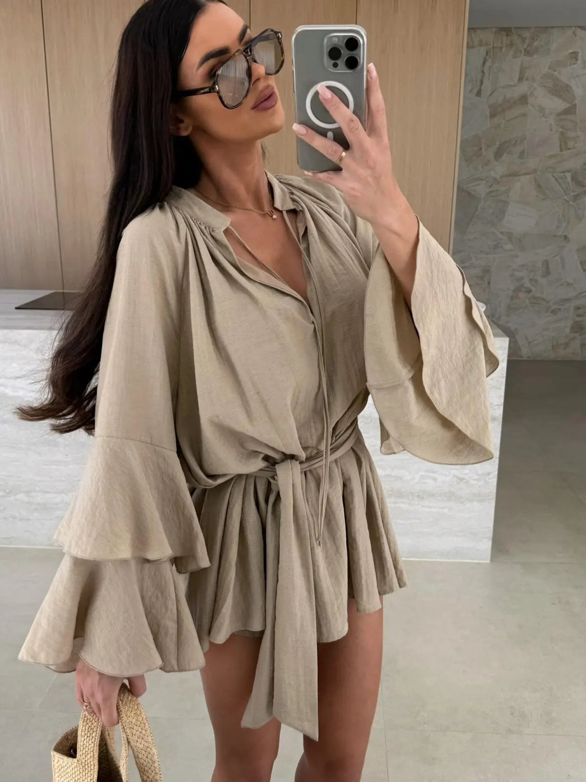 🍒Elegante opvourok vir vroue bruin diep v-nek langmou mini-rok vroulike lente somer los modeklere partytjie geleentheid drag Blouse Up In  a Dress