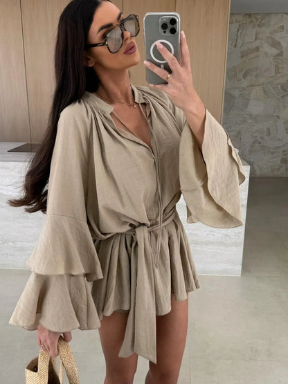 🍒Elegante opvourok vir vroue bruin diep v-nek langmou mini-rok vroulike lente somer los modeklere partytjie geleentheid drag Blouse Up In  a Dress