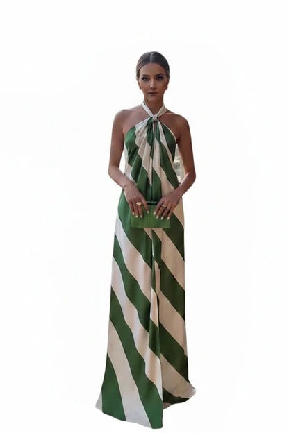 🍒Halter gestreepte rok vir vakansie sjiek geplooide ruglose uitrustings moulose somerdrag partytjie-geleentheidsklere Eet Jou Groente In Jou Aandrok Groen