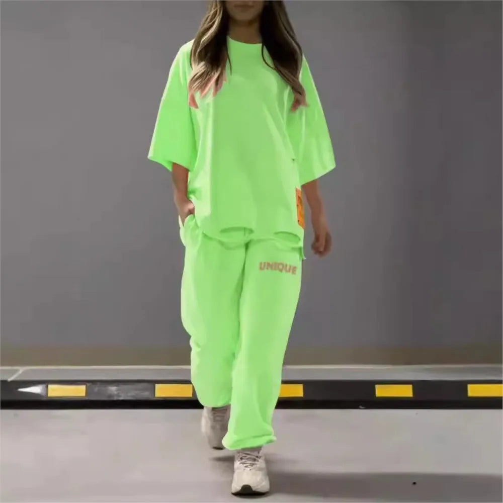 🍒Neon summer clothes fashion hollowed out o neck solid t shirt women's two piece set relaxed casual tracksuit for women with pocket pants Stand Out In Neon
