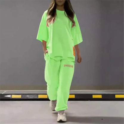 🍒Neon summer clothes fashion hollowed out o neck solid t shirt women's two piece set relaxed casual tracksuit for women with pocket pants Stand Out In Neon