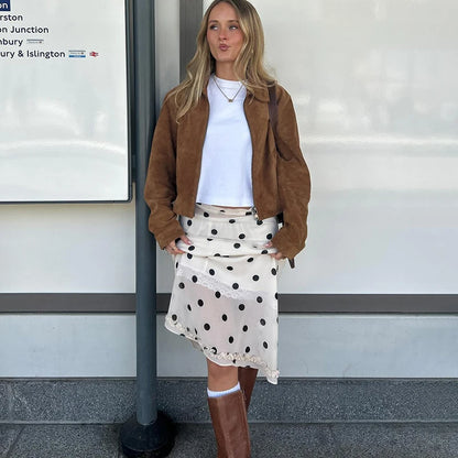 🍒Polka dot hoë middellyf romp dames chiffon kant romp oor knieë mode kantoor dame elegant a-lyn somerdrag Geen Polka-pret by hierdie Prettige Polka nie