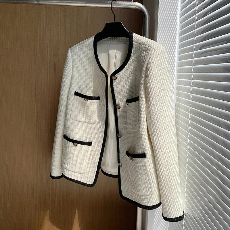 🍒Quilted lining jacket womens designer o-neck contrast tweed top Loose Fashion Versatile Coat Women Channel Likes This So Will You