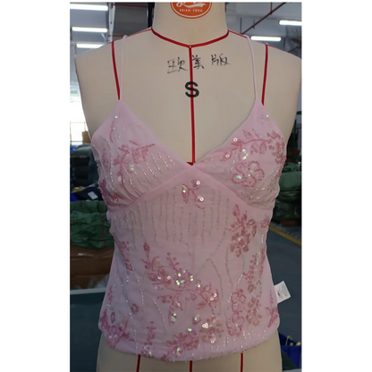 🍒Bohemian sparkle womens boho chic sequin top backless string tank tops sleeveless camisole Y2k clothes club partywear occasion wear No Backing Out Of This Beauty
