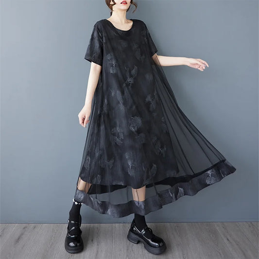 🍒Short sleeve oversized dress black smart casual clothing women's mesh outfit midsize evening party wear vintage loose long summer clothing