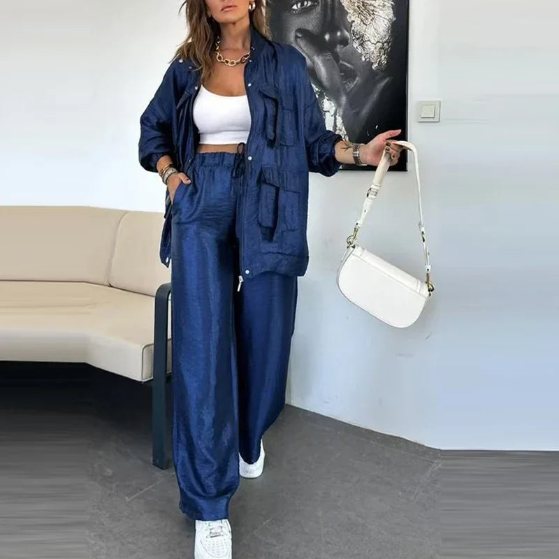 🍒Elegant casual single breasted utility coat jacket and matching pants suit women's retro loose large pocket solid colour two piece set Pocket These Pants And Jacket The Saving