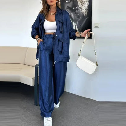 🍒Elegant casual single breasted utility coat jacket and matching pants suit women's retro loose large pocket solid colour two piece set Pocket These Pants And Jacket The Saving