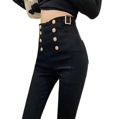 🍒 Women's pants high waist trousers button waist trousers for office elegant solid colour leggings skinny pencil pants  business casual women occasion wear fashionable Waist Wowers