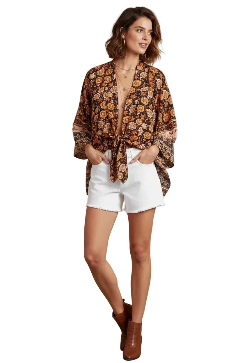 🍒Boho kimono vintage womens fashion short beach swimsuit robe floral clothing batwing sleeve top rayon bohemian bikini cover Ups Beachwear summer clothes Cool Cover