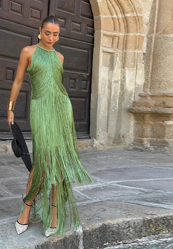 🍒Multi-layer tassel dress women's solid o-neck sleeveless cocktail dress elegant female fashion ball party outfit occasion wear club wear holiday beach party wear No Tossle Tassle
