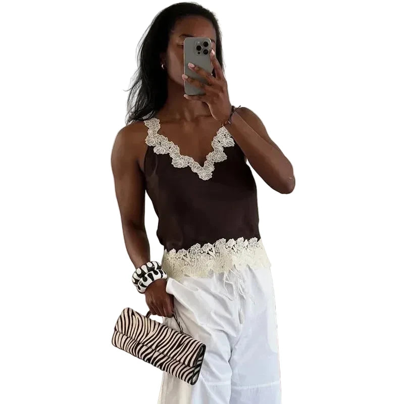 🍒 Kant-camisole en maxi-rompstel vir vroue, lappieskombers mouloos ooprug-top en lang los rompe, vroulike somermode, geleentheidspartytjieklere, deftige gemaklike vroue, Lady Lace