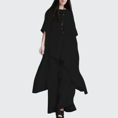 🍒Two-piece set for women shirts and pants outfit holiday cotton linen style wide leg trousers and asymetric top short sleeve blouse suit summer clothing  Layback Loose Linen-y Lovely