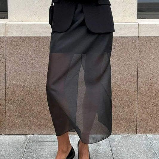 🍒黑色网纱半身裙长款双层设计透视长裙高腰开叉包臀宽松女夏季时尚派对场合穿着 内衬透视