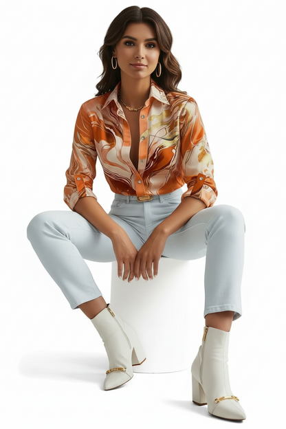 🍒Office blouses for women smart casual spring autumn fashion female business casual fashion colourful print clothing elegant loose long sleeve button shirt Look Marvelous Marble