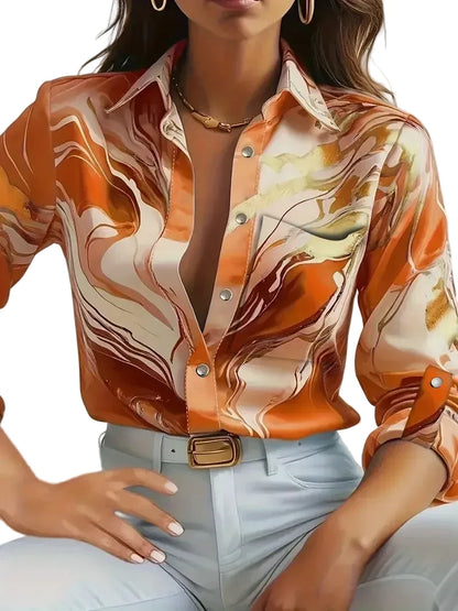🍒Office blouses for women smart casual spring autumn fashion female business casual fashion colourful print clothing elegant loose long sleeve button shirt Look Marvelous Marble