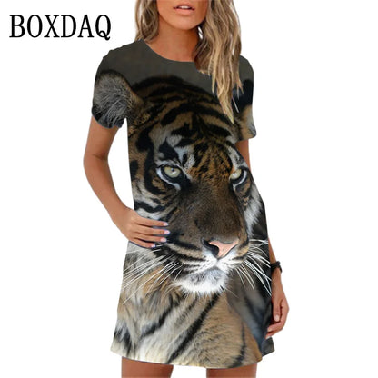 🍒Mode minirok tierdruk kortmou someruitrustings gemaklike oorgroot A-lyn mini-uitrusting gemaklike dames diereklere Tick A Tigger