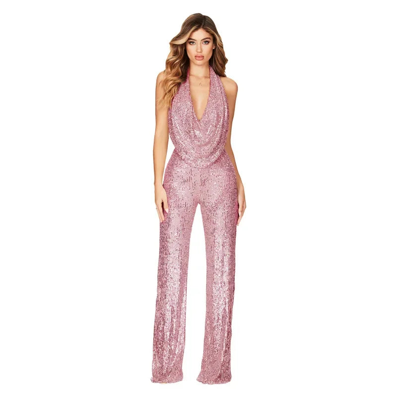 🍒Sleeveless backless jumpsuit Women's  halter one piece outfit with sequins occasion partywear