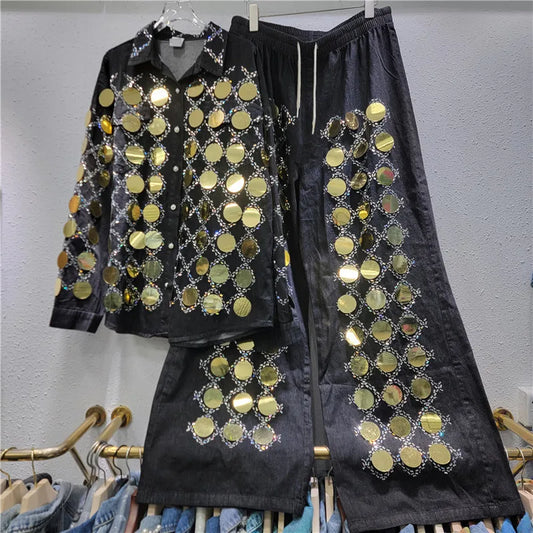 🍒牛仔衬衫大亮片外套格子上衣派对服饰搭配高腰阔腿牛仔裤两件套女式动感牛仔