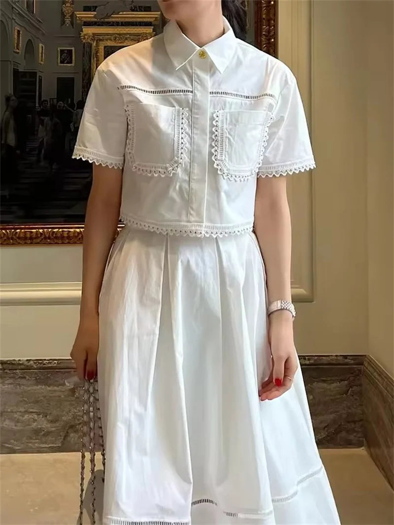 🍒Summer shirt for women smart casual wear beading short sleeve crop top button up shirt beach party wear summer party wear holiday clothes (matching skirt also available) White Their When You Need It