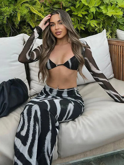 🍒Stripe two piece set skirt contrast colour animal zebra print chiffon top party bra outfit crop top and matching fitted maxi skirt suit Hot Girl Cool