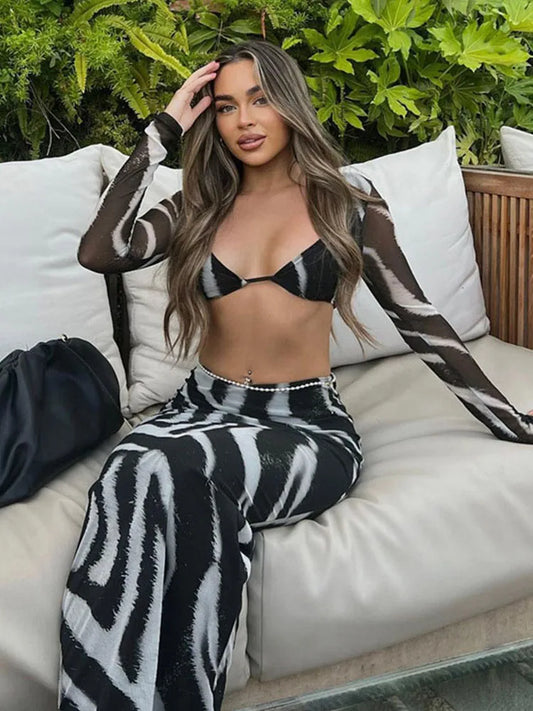 🍒Gestreepte tweestuk-stel romp kontraskleur dierlike sebra-druk chiffon top partytjie bra-uitrusting crop top en bypassende noupassende maxi-romp-pak Hot Girl Cool