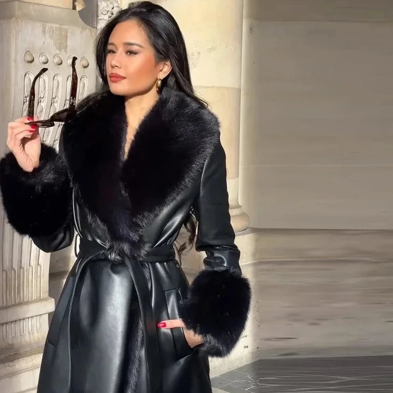 🍒Black faux leather womens coat trench fur coat collar & cuffs fashion belted waist coat long jacket chic streetwear Go On A Poodle Walk