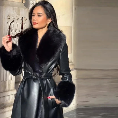 🍒Black faux leather womens coat trench fur coat collar & cuffs fashion belted waist coat long jacket chic streetwear Go On A Poodle Walk