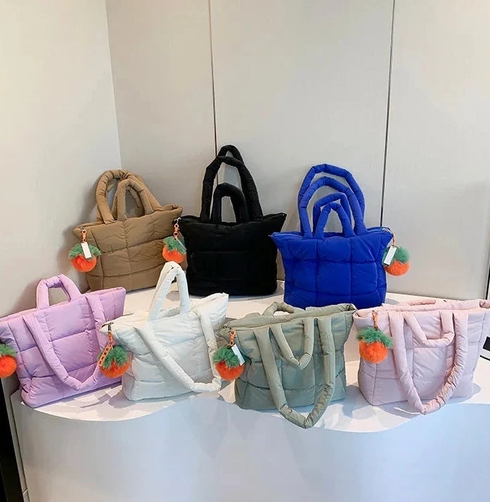 🍒Womens tote handbags quilted puff bag waterproof retro trendy shoulder bag large capacity solid colour soft casual accessory with decoration  don’t get PUFFed out with poor BAGs get this cutie
