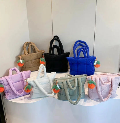 🍒Womens tote handbags quilted puff bag waterproof retro trendy shoulder bag large capacity solid colour soft casual accessory with decoration  don’t get PUFFed out with poor BAGs get this cutie