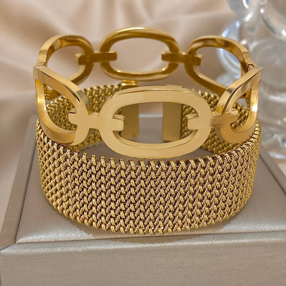 🍒Vintage Y2K stainless steel cuff bracelet wide weave open cuff bangle bracelet for women hollow waterproof stackable occasion jewellery for party smart casual jewellery gift Send A MESH -age
