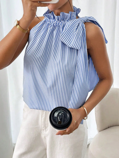 🍒Women shirts sleeveles sweet stripe blouse cute printed summer tops tie bow smart casual attire ladies