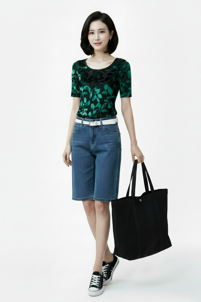 🍒Summer tops for women round neck velvet top devore t-shirt fashion flower gauze short sleeve tee smart casual clothing