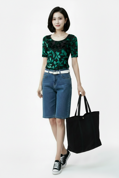 🍒Summer tops for women round neck velvet top devore t-shirt fashion flower gauze short sleeve tee smart casual clothing