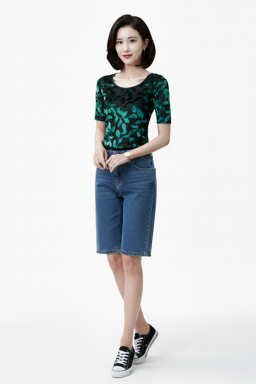 🍒Summer tops for women round neck velvet top devore t-shirt fashion flower gauze short sleeve tee smart casual clothing