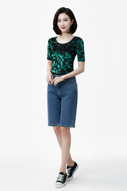 🍒Summer tops for women round neck velvet top devore t-shirt fashion flower gauze short sleeve tee smart casual clothing