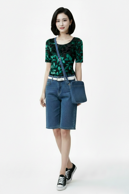 🍒Summer tops for women round neck velvet top devore t-shirt fashion flower gauze short sleeve tee smart casual clothing