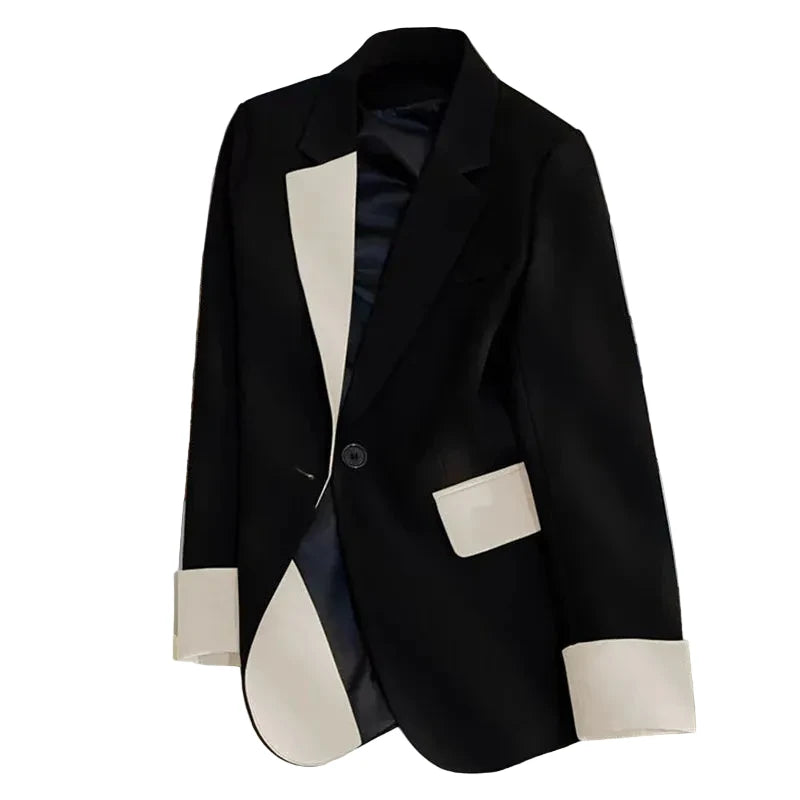🍒Mode blazer baadjie lente herfs langmou swart baadjie kontras lapwerk kantoorklere vir vroue buiteklere slim gemaklike pakjas vroulike sjiek mode   Maak Jou Verskyning In Jou Kontras