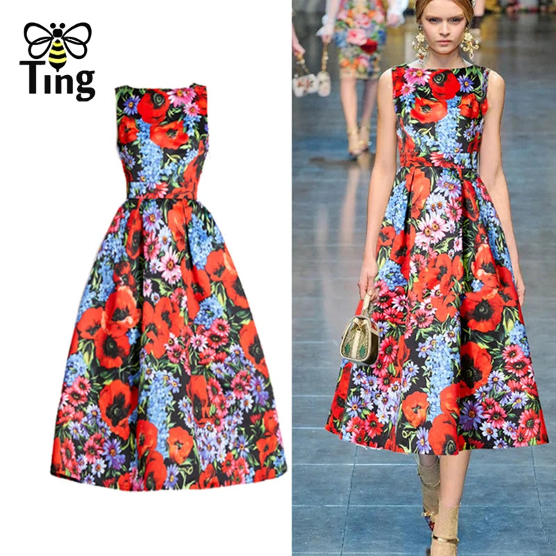 🍒Designer fashion dress floral print clothing vintage a line party wear outfit for women birthday dinner retro runway occasion wear  make ARRANGEMENTs for these FLOWERs