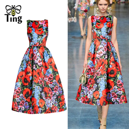 🍒Designer fashion dress floral print clothing vintage a line party wear outfit for women birthday dinner retro runway occasion wear  make ARRANGEMENTs for these FLOWERs