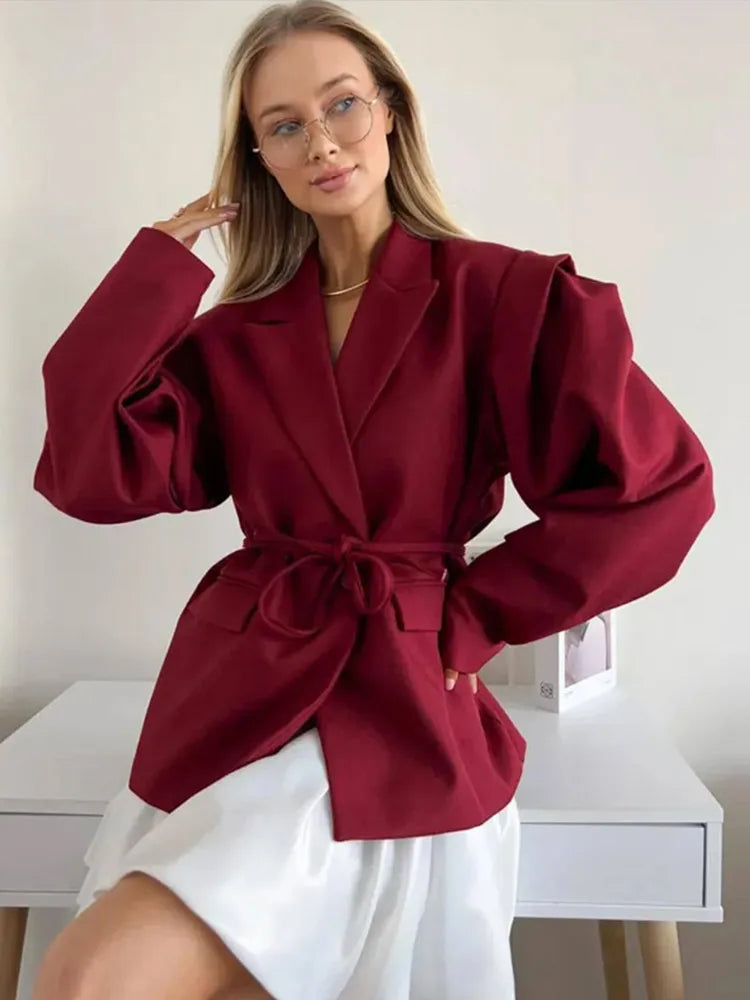 🍒 女士西装外套带腰带女式夏季夹克，翻领长袖外套，超大口袋外套，时尚女装，拒绝平庸，超大版型