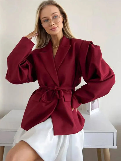 🍒 女士西装外套带腰带女式夏季夹克，翻领长袖外套，超大口袋外套，时尚女装，拒绝平庸，超大版型