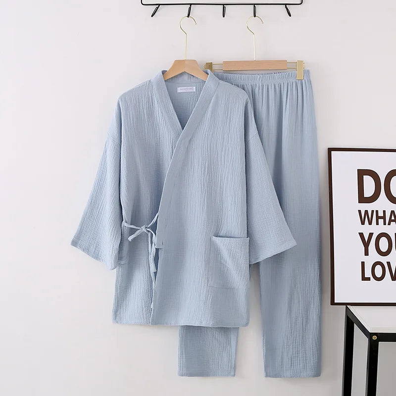 🍒Two piece japanese suit cotton crepe pajamas kimono suit lovers 100% cotton crepe pajamas long jacket and trousers set kimono suit sleepwear casual clothing leisure wear Lounge Leisurely