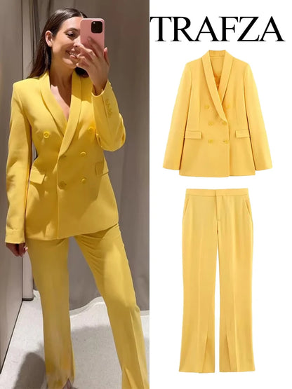 🍒Double breasted long sleeve blazer women's spring summer blazers lapel collar suit and mid waist zipper flared pants smart  casual wear YEL out and bend LOW when you get this