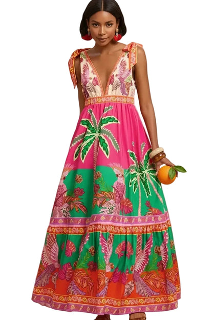 🍒Print moulose uitrusting swaairok v-nek vroue maxi hoë middellyf mode vakansies somerdrag stranddrag Shore Thang
