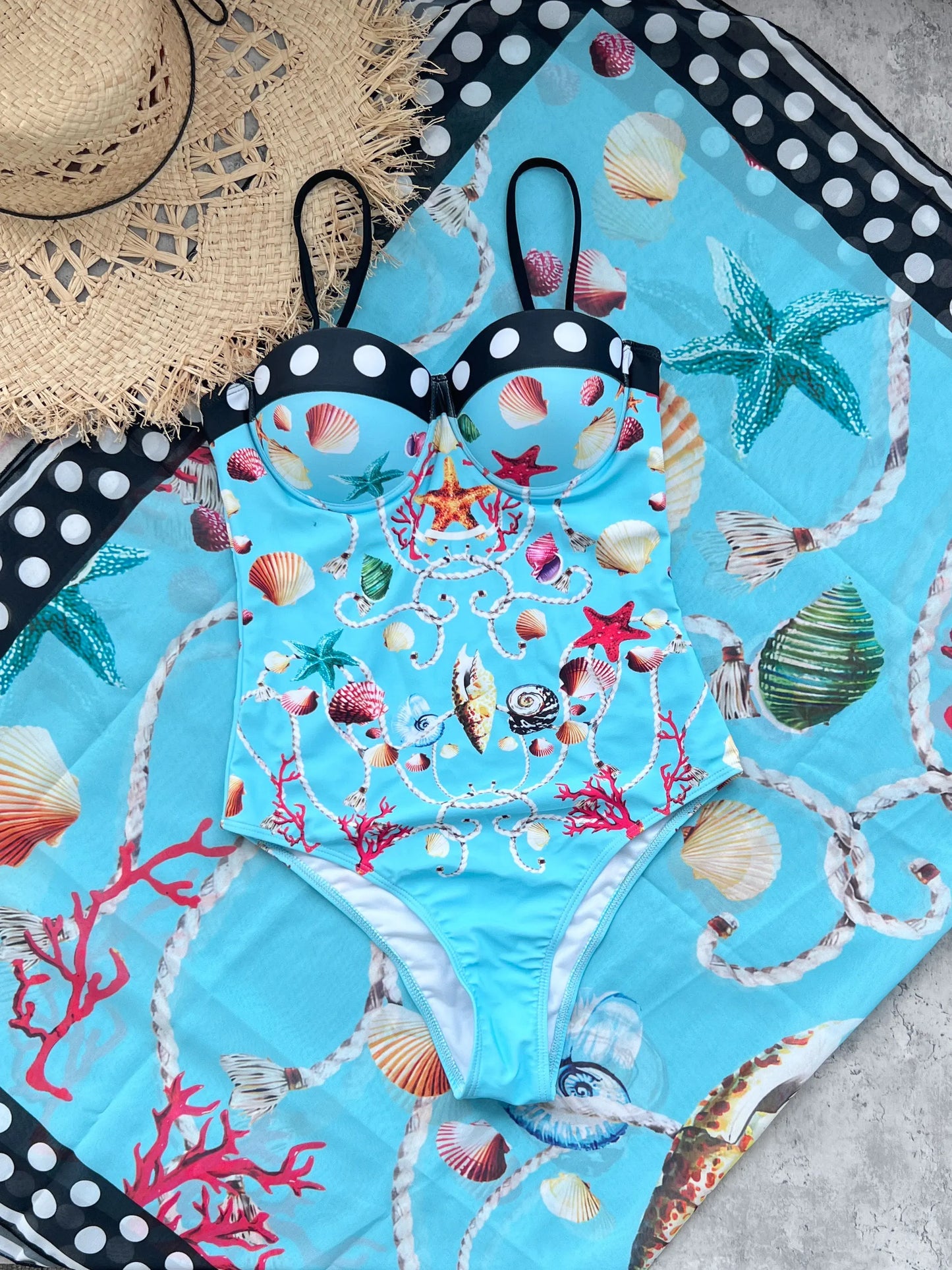 🍒Eenstuk-swemdrag-strandklere met koraal- en skulpafdruk bikini- en sarongstel strandklere vir vroue Sea Sure Set