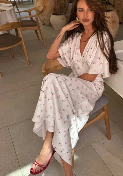 🍒Wit blomme satyn maxi rok vir vroue gemaklik of geleentheid trougas strandvakansie uitrusting blomme gedrukte V-nek rok vroue mode skraal pasmiddellyf kort vlindermou lang somerdrag met kort moue hoë middellyf oulike gemaklike geleentheid