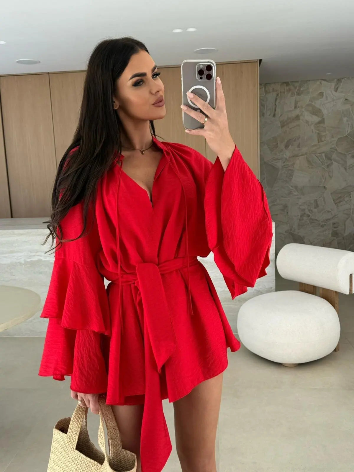🍒Elegante opvourok vir vroue bruin diep v-nek langmou mini-rok vroulike lente somer los modeklere partytjie geleentheid drag Blouse Up In  a Dress