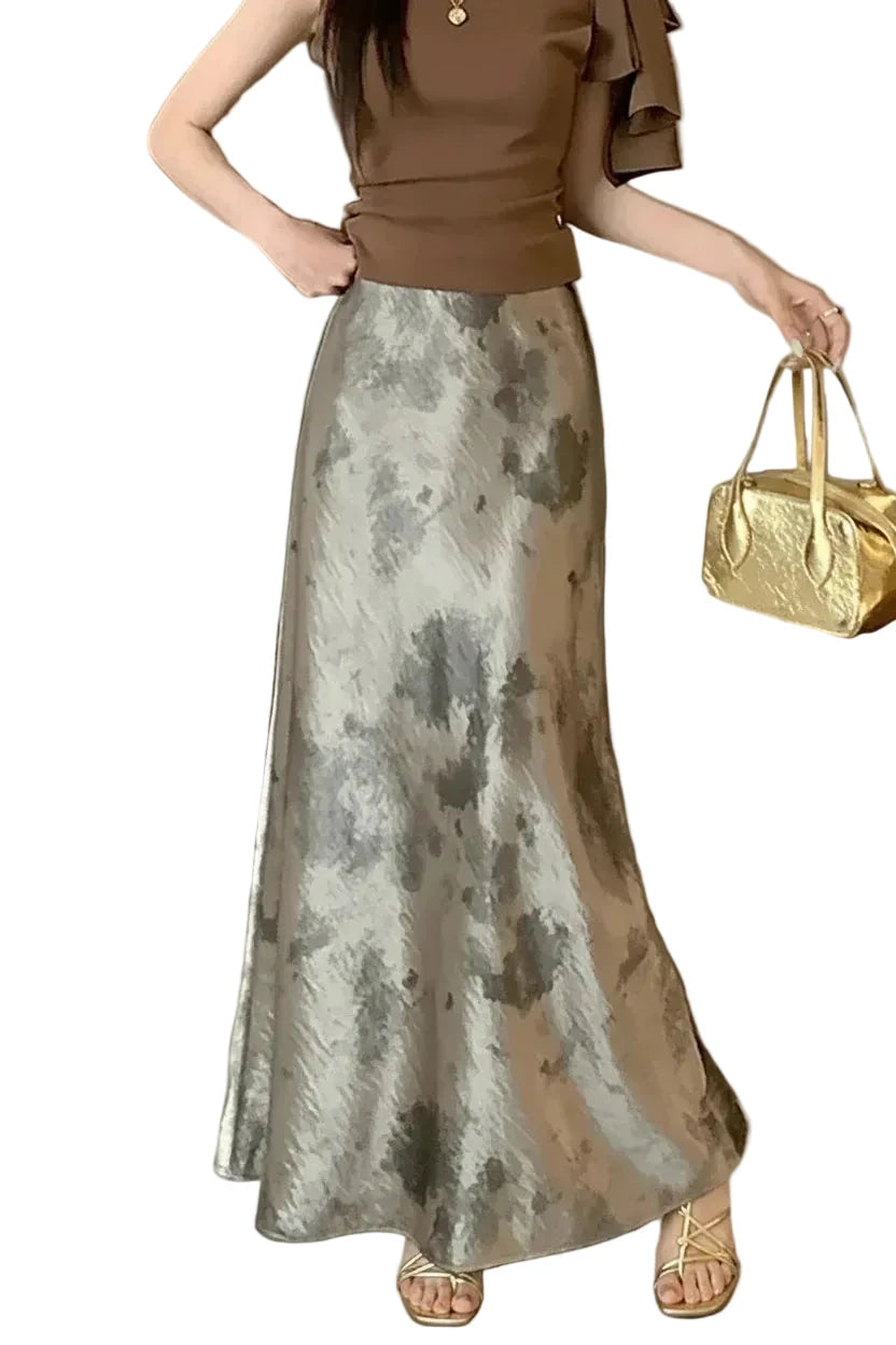 🍒Elastic satin skirt with high waist slimming mid-length floral print high-end feel fish tail skirt shiny for women Slip On A Silky Slippy
